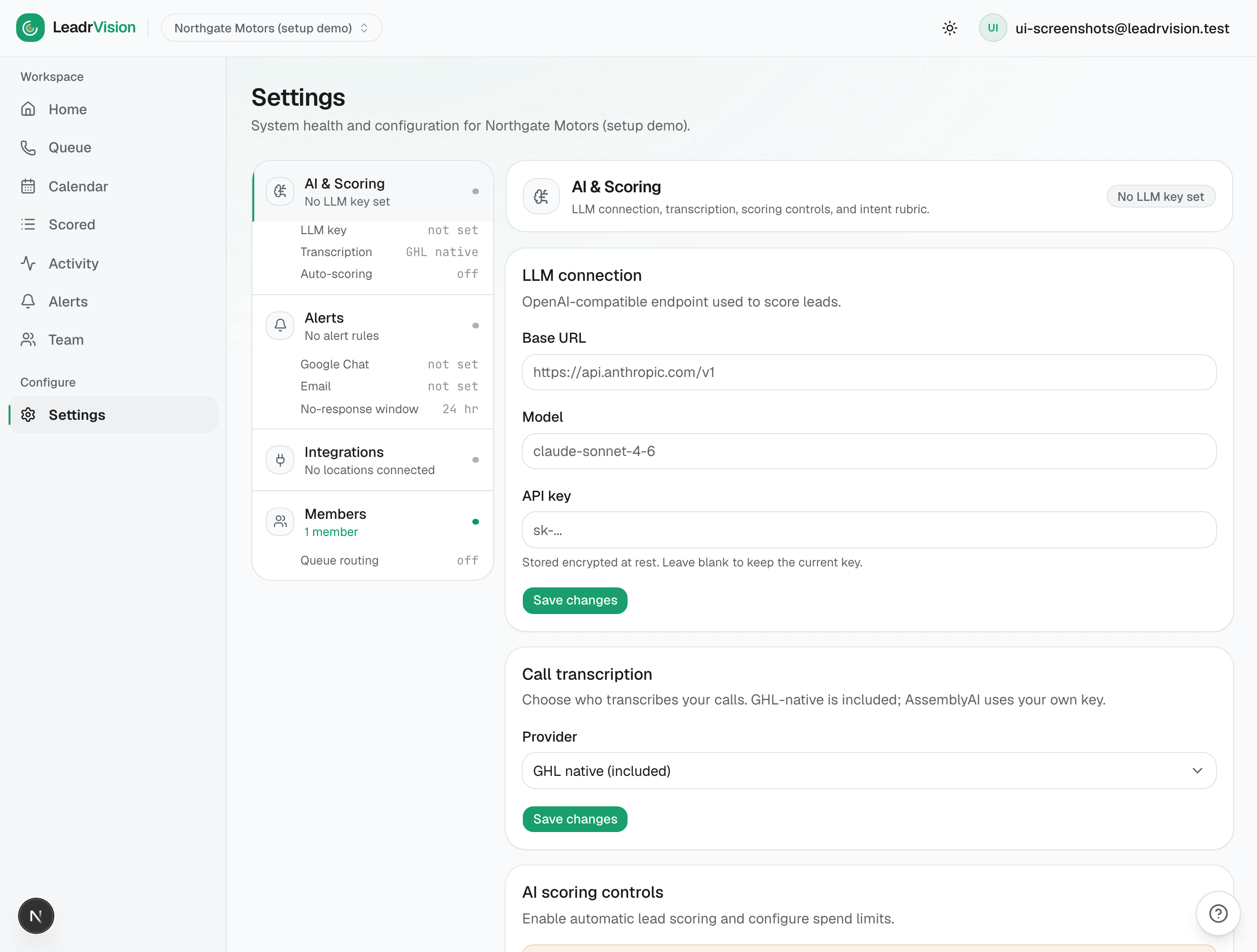 Settings → AI & Scoring: LLM connection, call transcription, and AI scoring controls.
