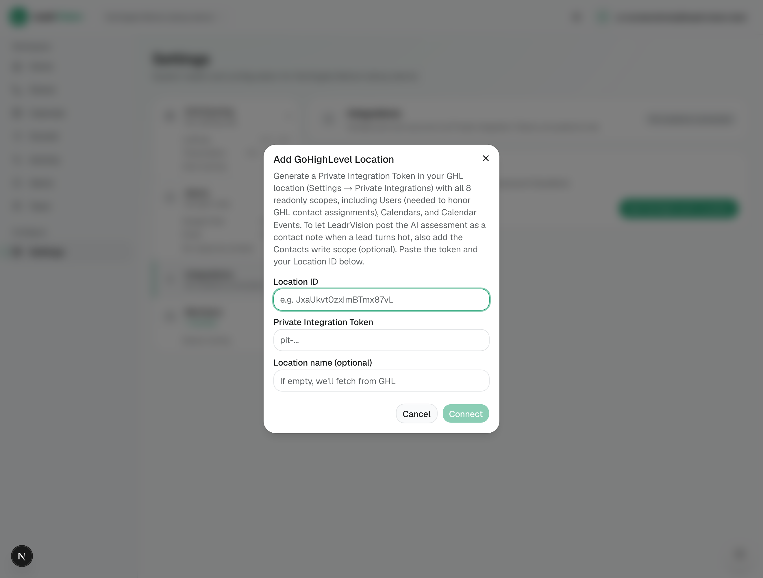 The Add GoHighLevel Location dialog: Location ID, Private Integration Token, optional name.