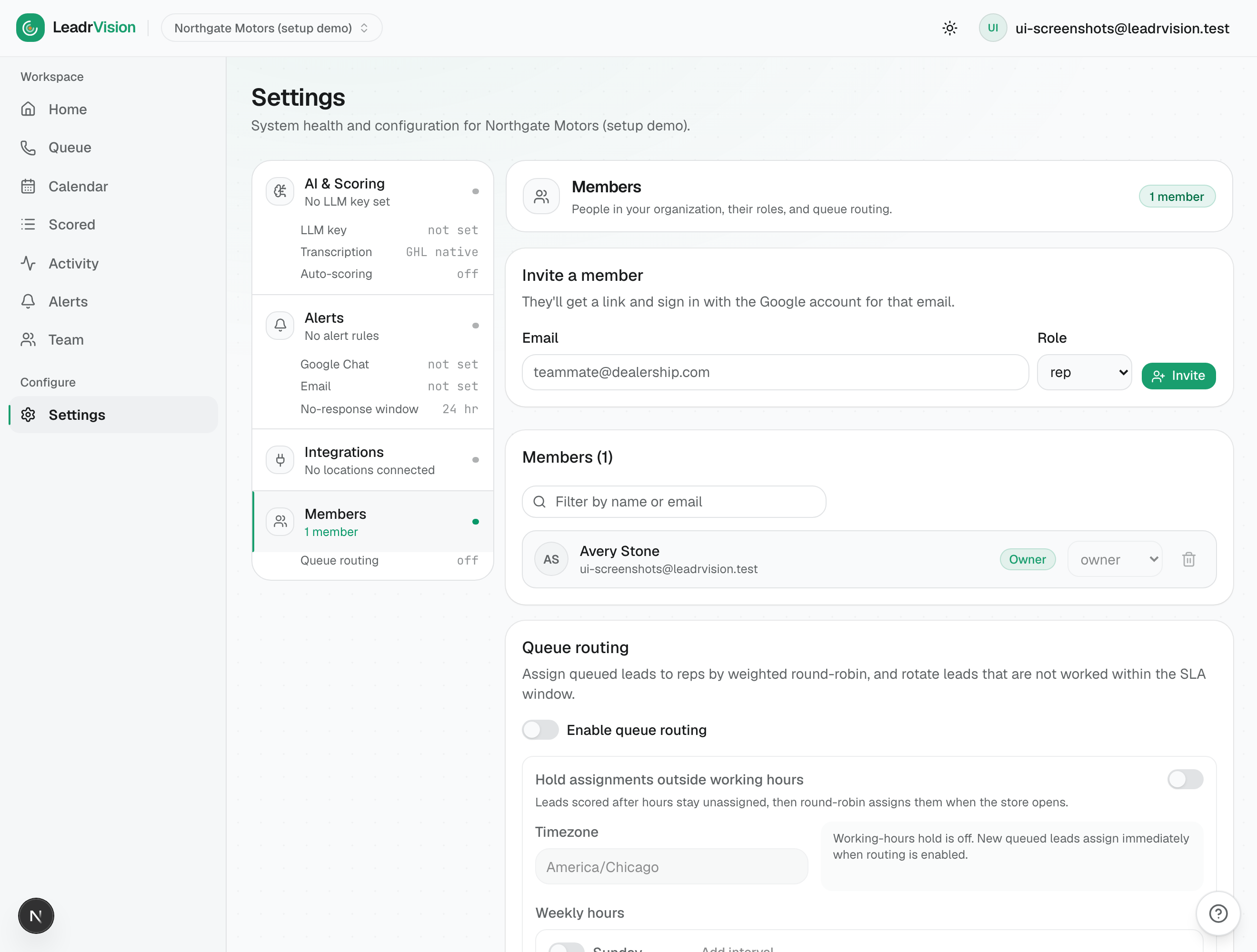 Settings → Members: invite people, set roles, and enable queue routing.
