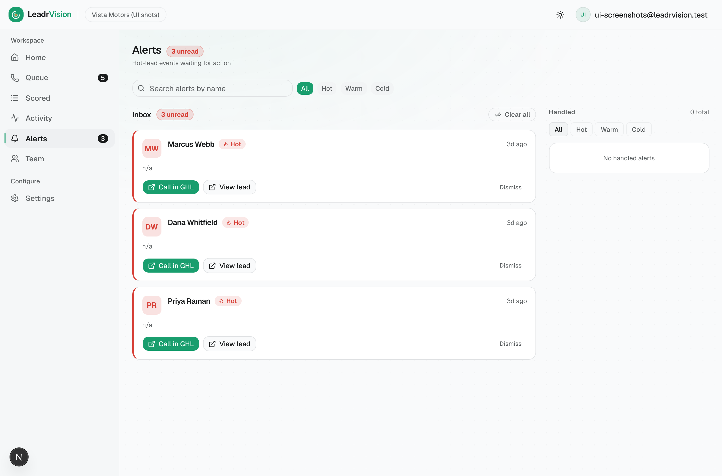 Alerts inbox: hot-lead events with Call in GHL, View lead, and Dismiss.