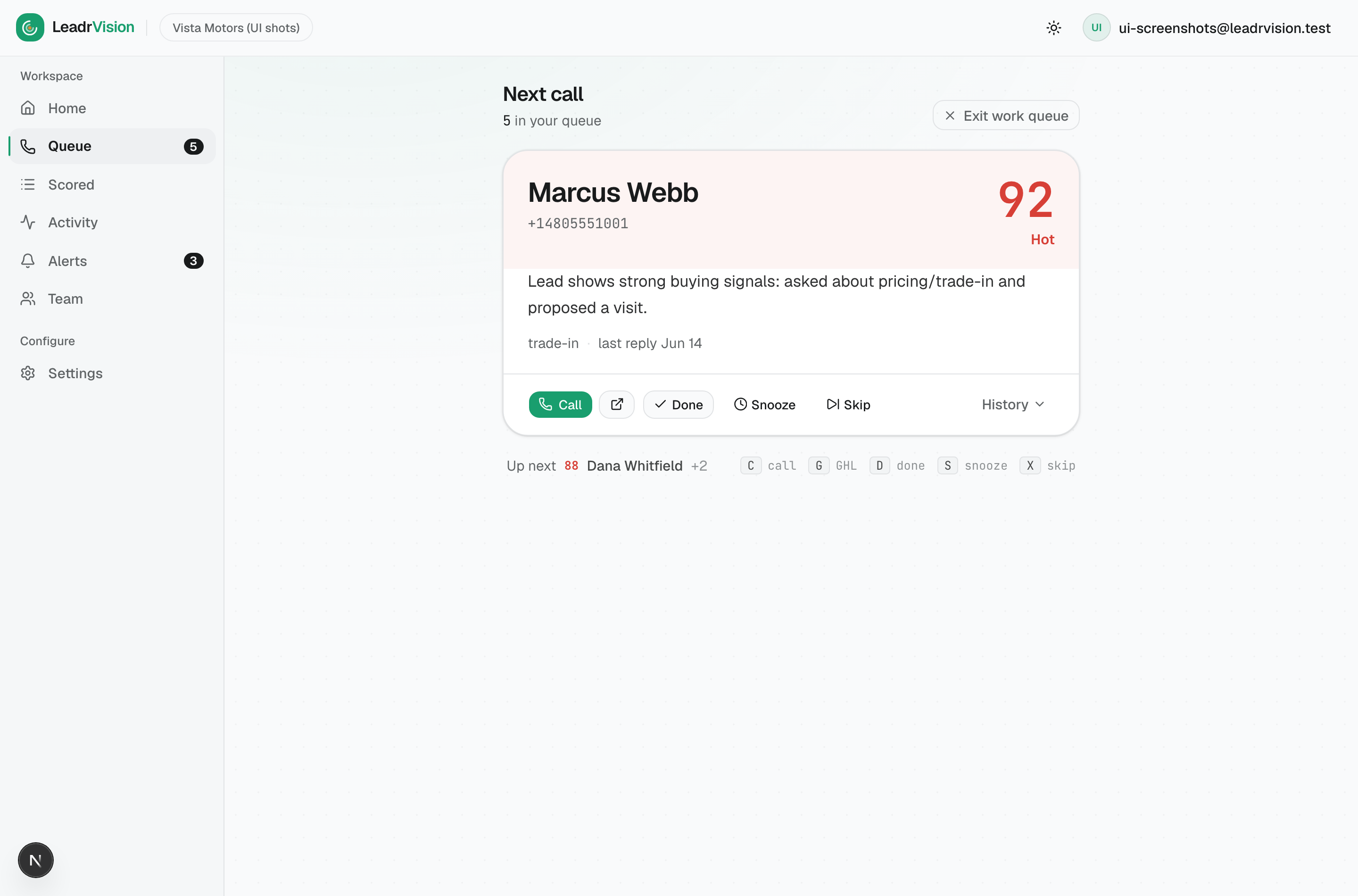 Focus mode: one lead, the AI's reason for the call, and one row of actions.
