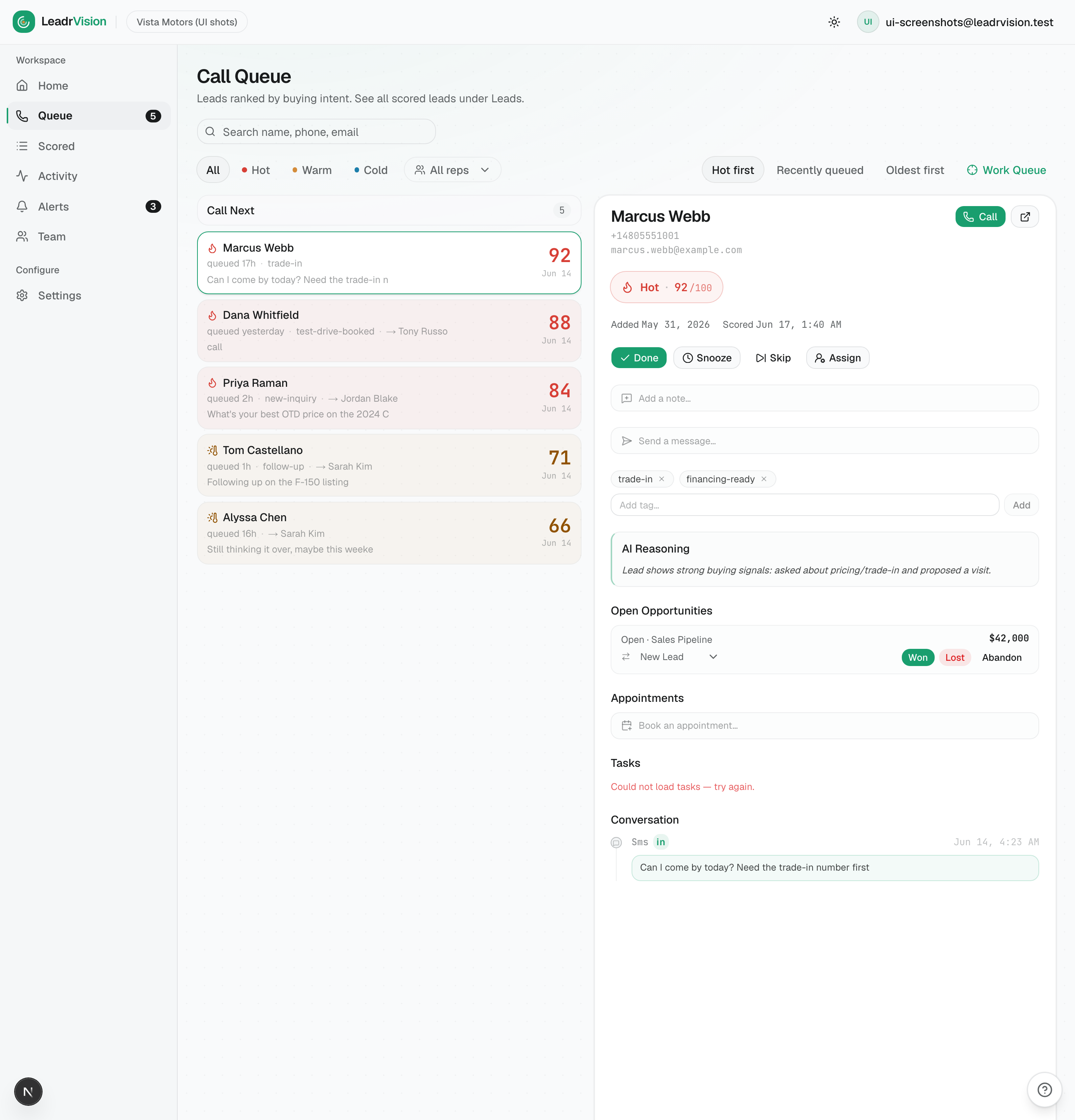 The lead dossier: score, AI reasoning, note, message, tags, opportunity stage, appointment, and conversation.
