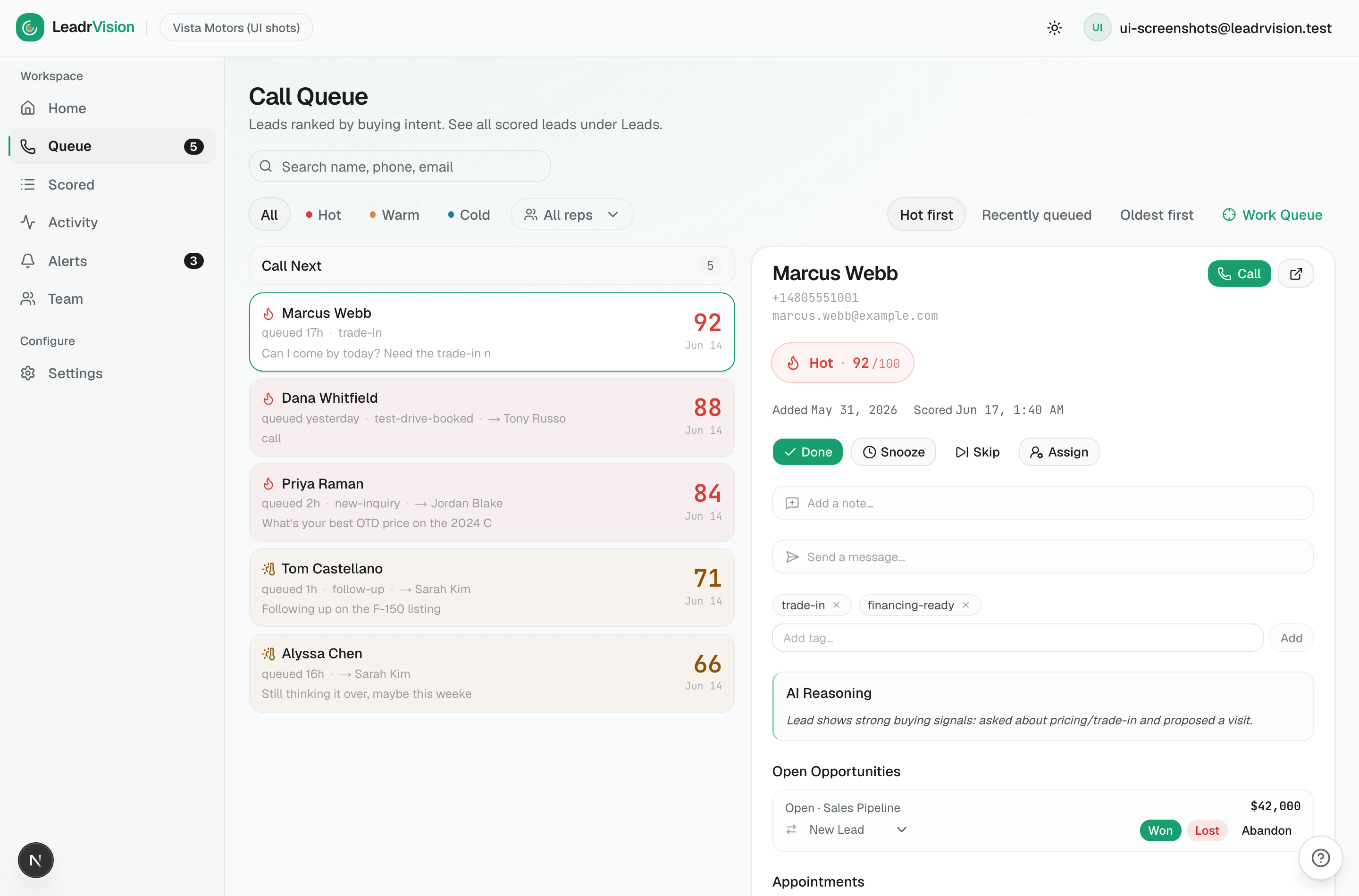 The Call Queue: a ranked list on the left, the selected lead's dossier on the right.