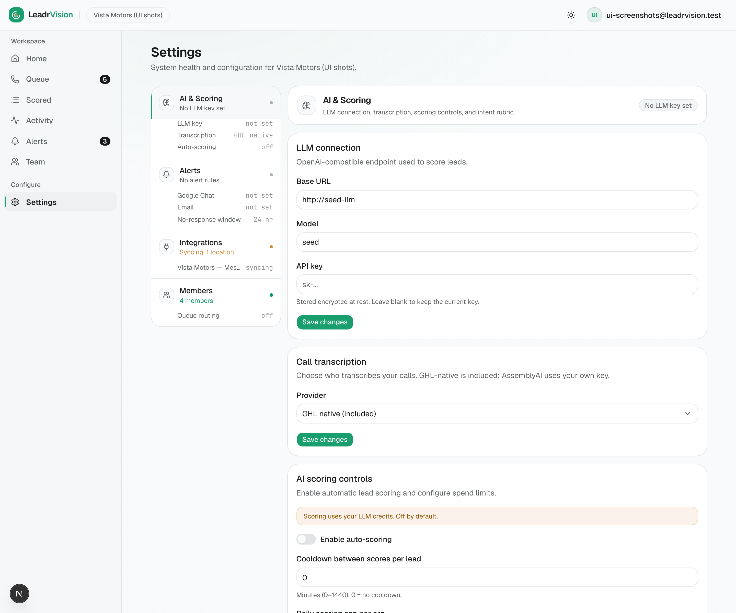 Settings β AI & Scoring: LLM connection, transcription, and auto-scoring controls.