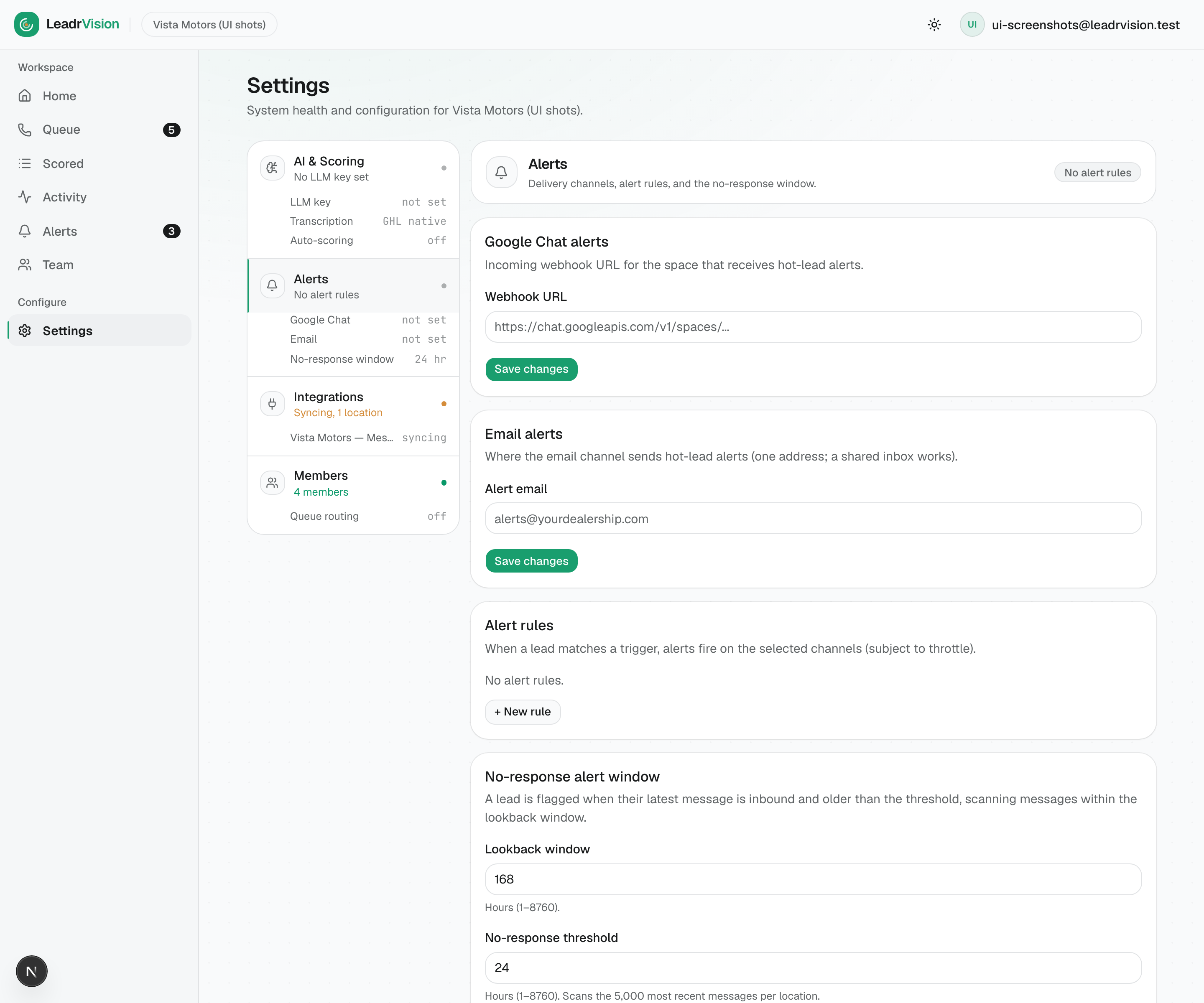 Settings β Alerts: Google Chat + Email channels, alert rules, and the no-response window.