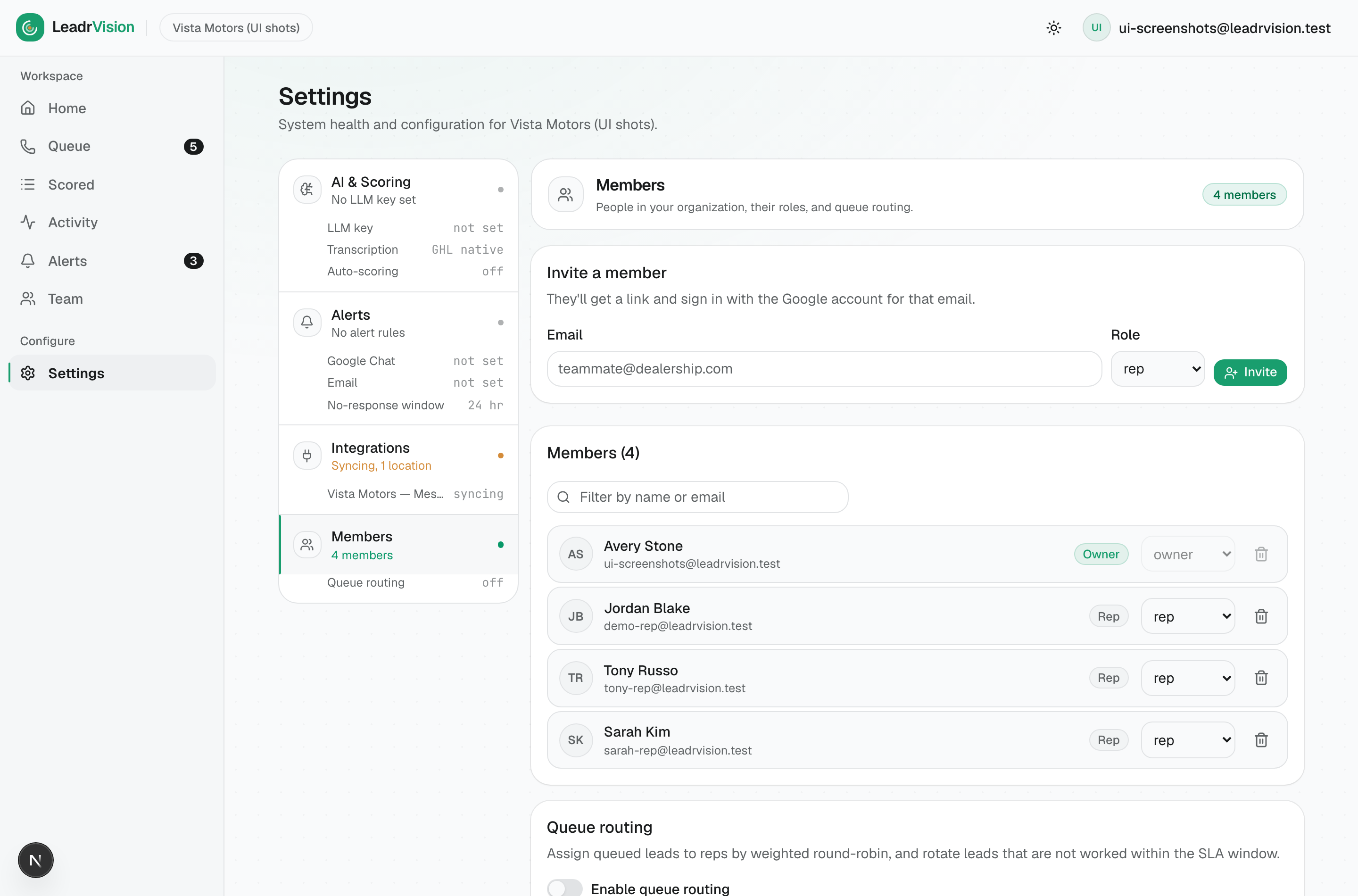 Settings β Members: invite, roles, and queue routing with SLA rotation.